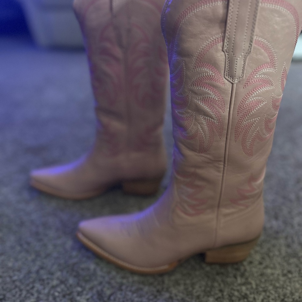 Tecovas Pink Heeled Boots with Decorative Stitching